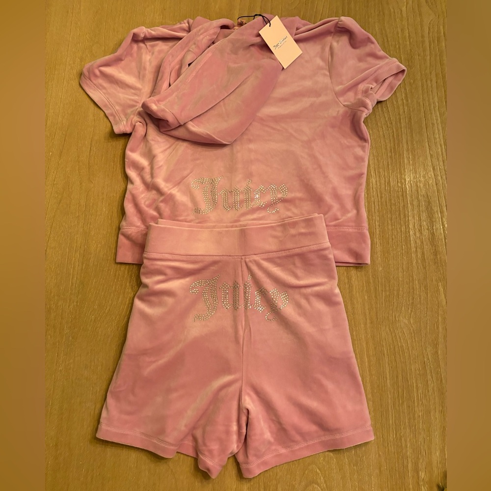 Juicy Couture Dewberry Pink Velour Rhinestone Hoodie and Shorts Set XL NWT